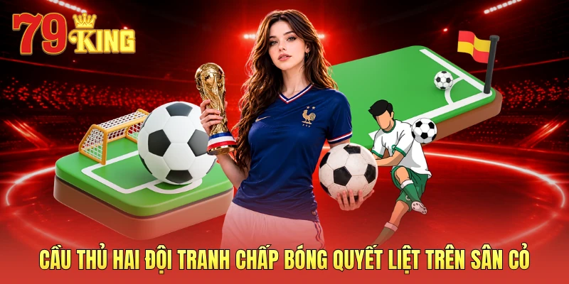 Cầu thủ hai đội tranh chấp bóng quyết liệt trên sân cỏ 